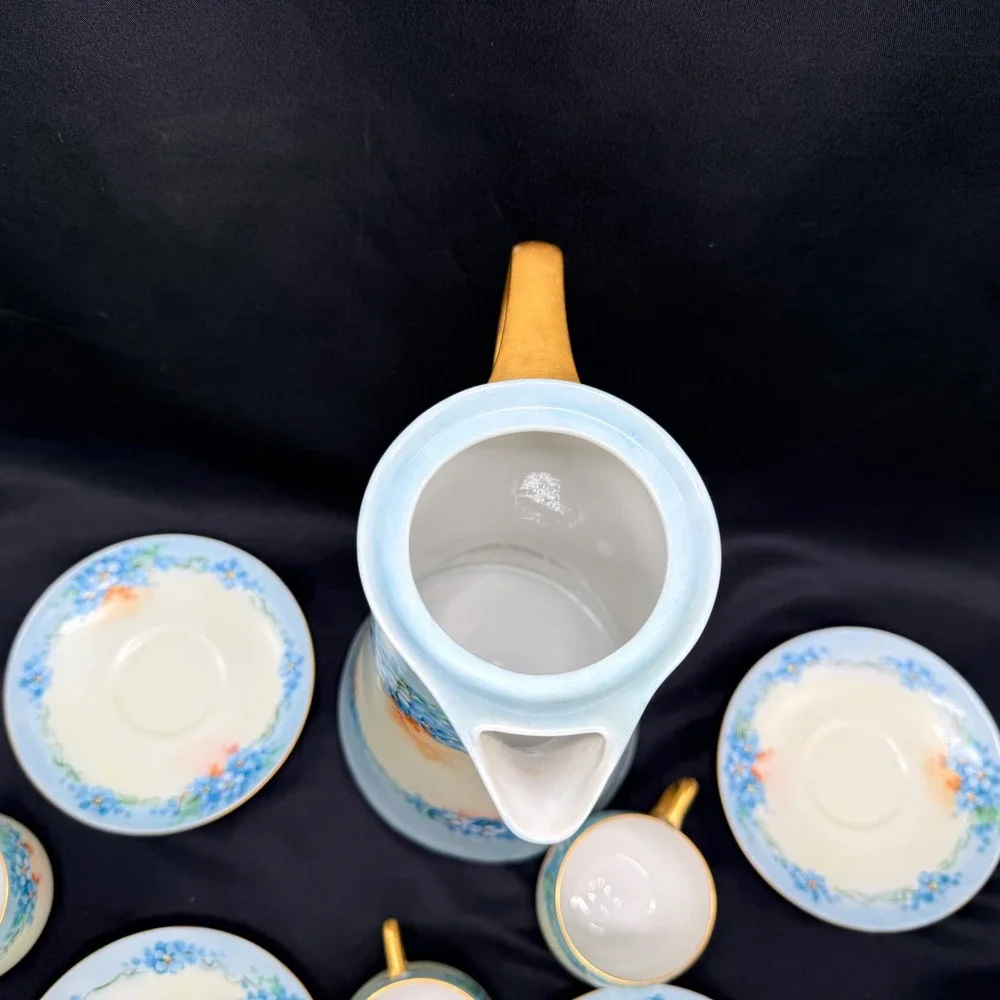 Vintage Porcelain Chocolate Pot Set Blue Floral Gold Gilt 4 Cups and Saucers
